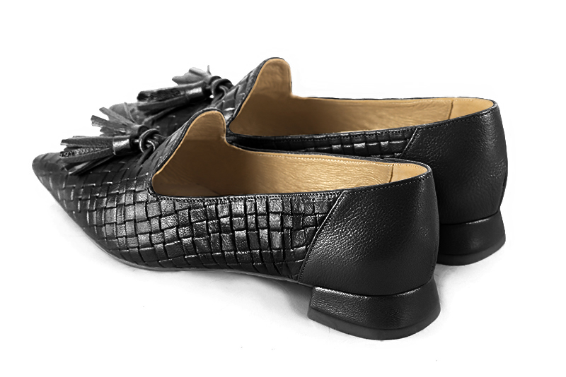 Satin black women's loafers with pompons. Pointed toe. Flat flare heels. Rear view - Florence KOOIJMAN